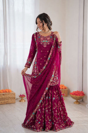 Violet Floral Embroidered Art Silk Sharara Suit (RT-5956-wine)