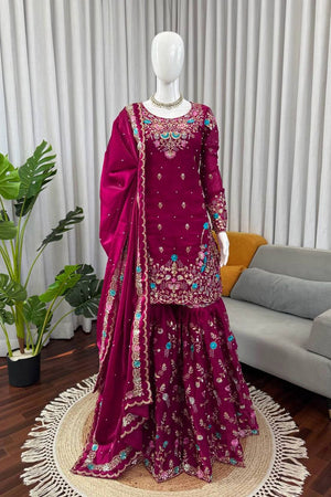 Violet Floral Embroidered Art Silk Sharara Suit (RT-5956-wine)
