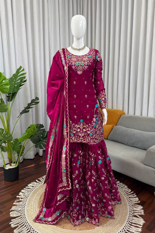 Violet Floral Embroidered Art Silk Sharara Suit (RT-5956-wine)