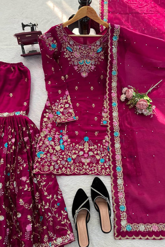 Violet Floral Embroidered Art Silk Sharara Suit (RT-5956-wine)