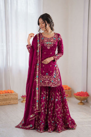 Violet Floral Embroidered Art Silk Sharara Suit (RT-5956-wine)