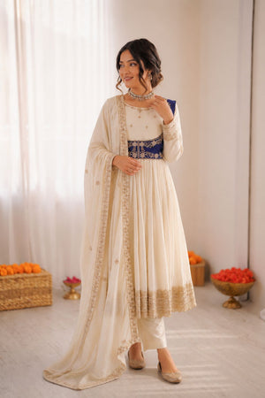 Off White Embroidered Art Silk Anarkali Suit (RT-5957)