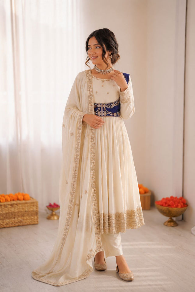Off White Embroidered Art Silk Anarkali Suit (RT-5957)