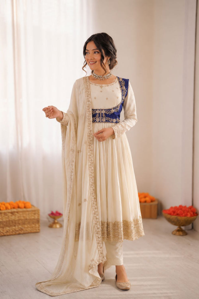 Off White Embroidered Art Silk Anarkali Suit (RT-5957)
