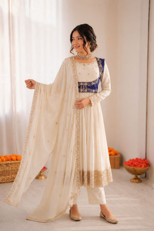 Off White Embroidered Art Silk Anarkali Suit (RT-5957)