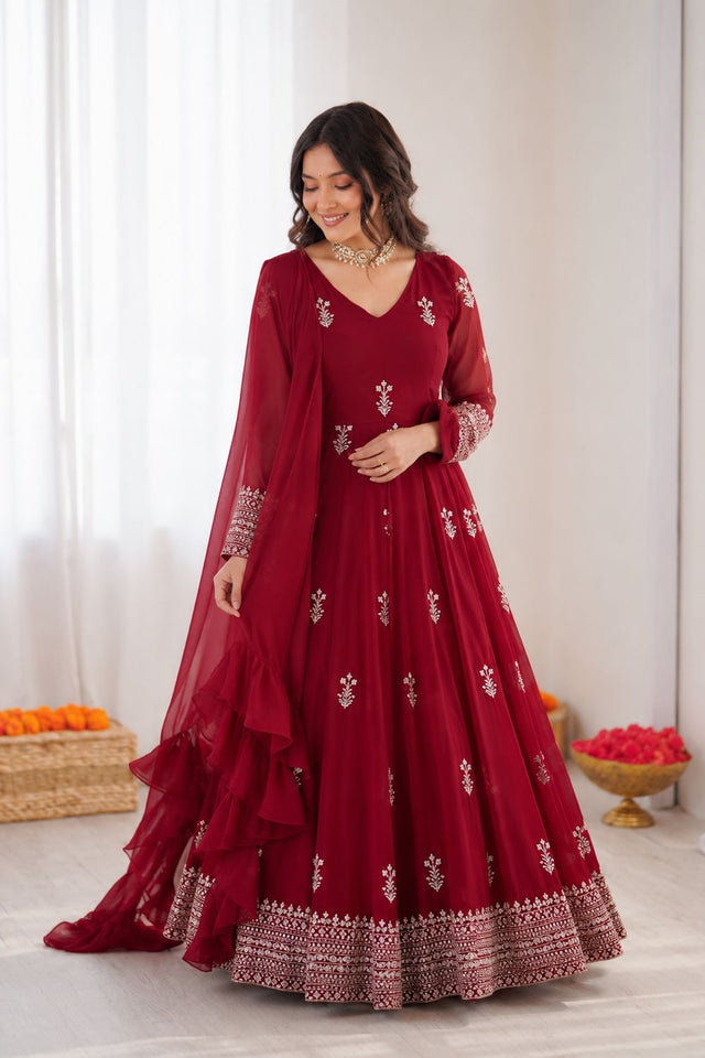 Dark Pink Floral Embroidered Georgette Anarkali Suit (RT-5980)