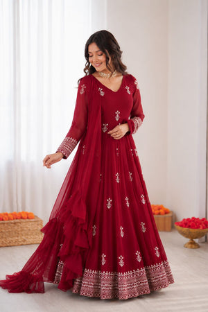 Dark Pink Floral Embroidered Georgette Anarkali Suit (RT-5980)