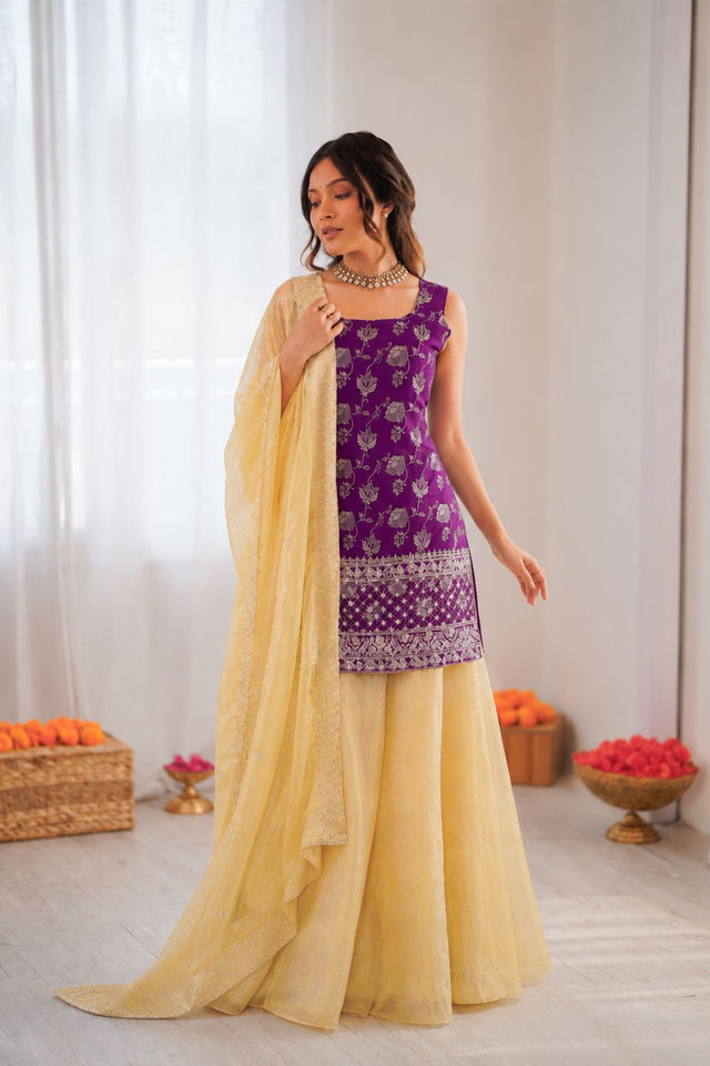 Violet Floral Embroidered Jacquard Sharara Suit (RT-5988)