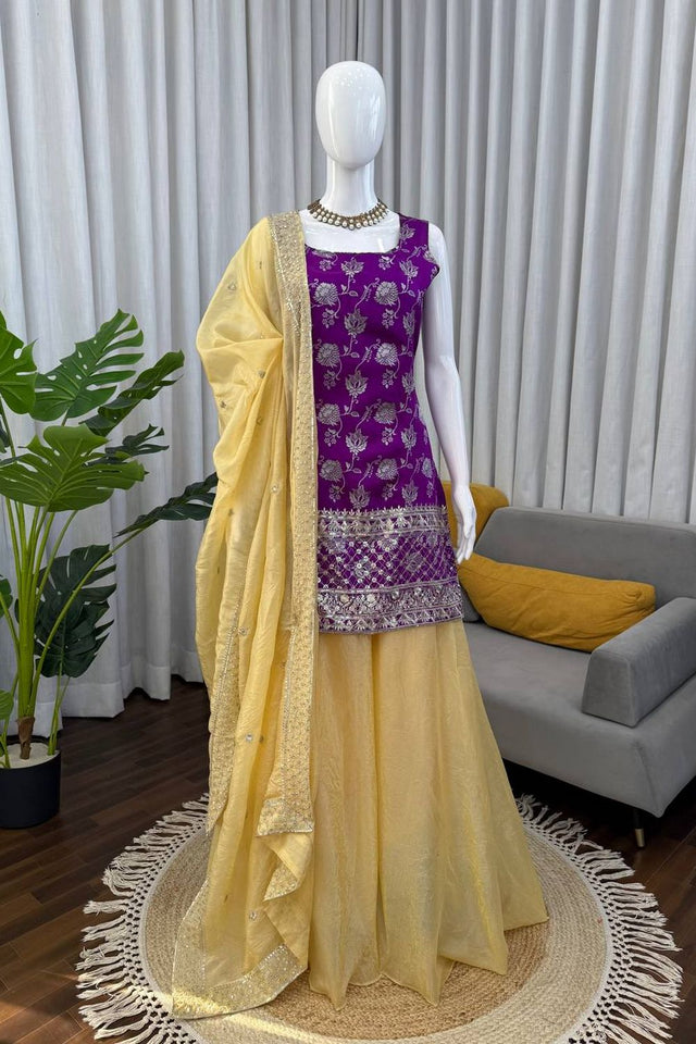 Violet Floral Embroidered Jacquard Sharara Suit (RT-5988)