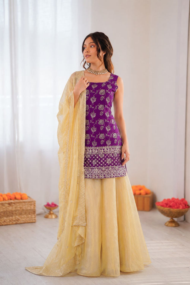 Violet Floral Embroidered Jacquard Sharara Suit (RT-5988)