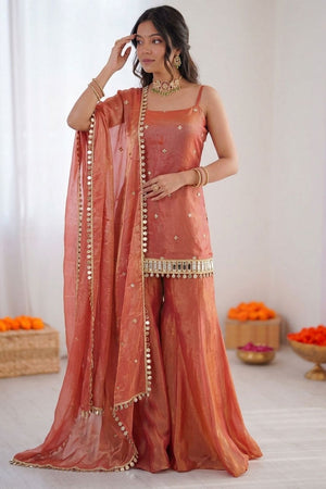 Orange Floral Embroidered Art Silk Sharara Suit (RT-5992-rust orange)