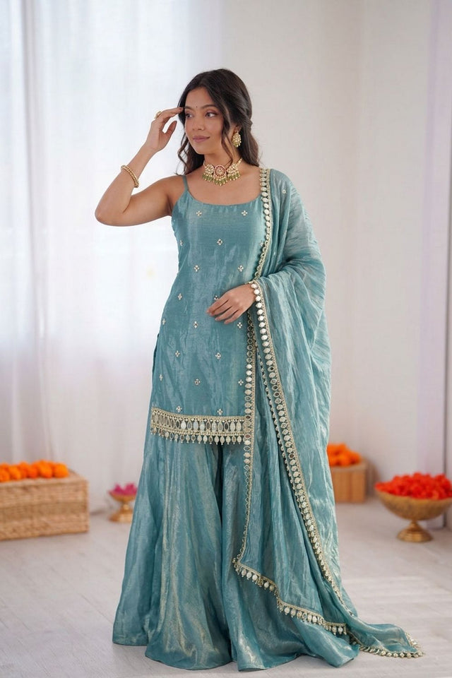 Turquoise Floral Embroidered Art Silk Sharara Suit (RT-5992-turquoise)