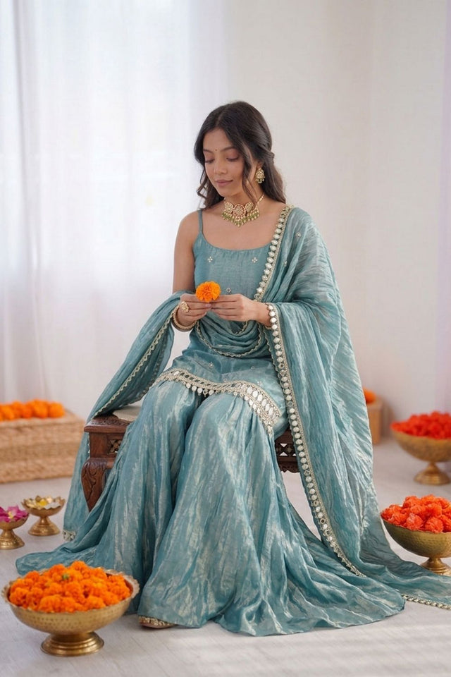 Turquoise Floral Embroidered Art Silk Sharara Suit (RT-5992-turquoise)