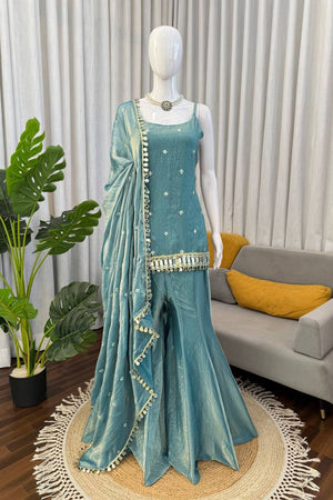 Turquoise Floral Embroidered Art Silk Sharara Suit (RT-5992-turquoise)