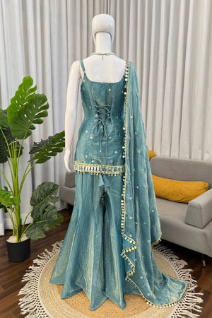 Turquoise Floral Embroidered Art Silk Sharara Suit (RT-5992-turquoise)