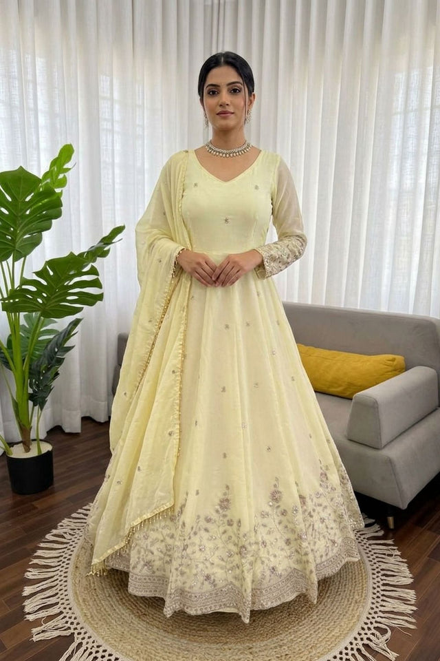 Off White Floral Embroidered Art Silk Anarkali Suit (RT-5993)