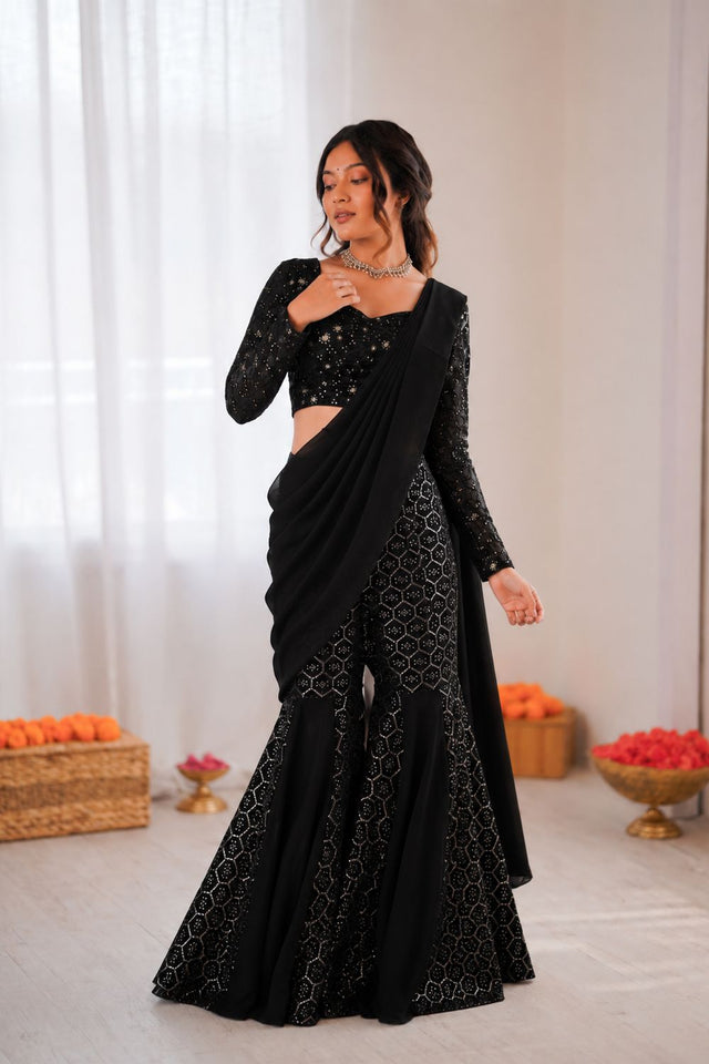 Black Embroidered Georgette Palazzo Suit (RT-5994)