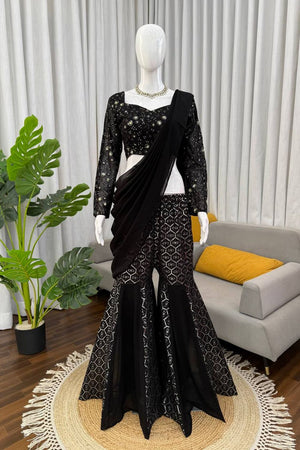 Black Embroidered Georgette Palazzo Suit (RT-5994)
