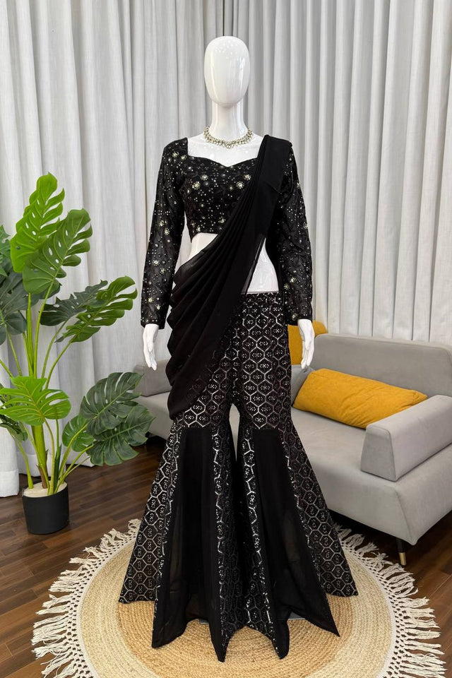 Black Embroidered Georgette Palazzo Suit (RT-5994)