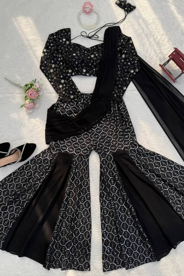 Black Embroidered Georgette Palazzo Suit (RT-5994)