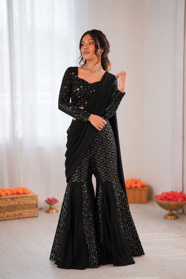 Black Embroidered Georgette Palazzo Suit (RT-5994)