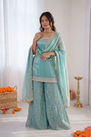 Blue Floral Embroidered Art Silk Palazzo Suit (RT-5995)
