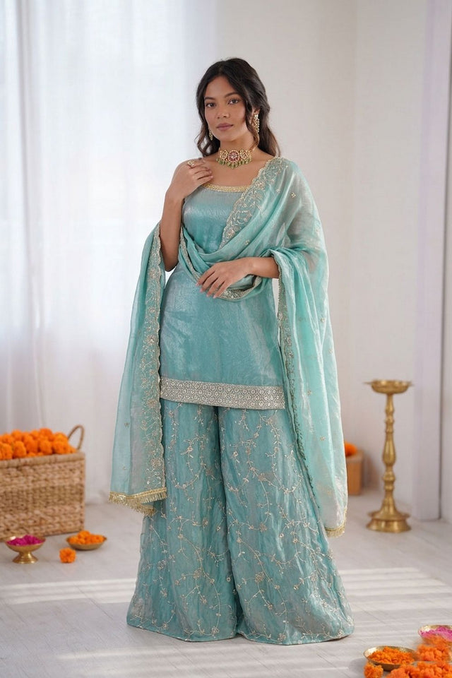 Blue Floral Embroidered Art Silk Palazzo Suit (RT-5995)