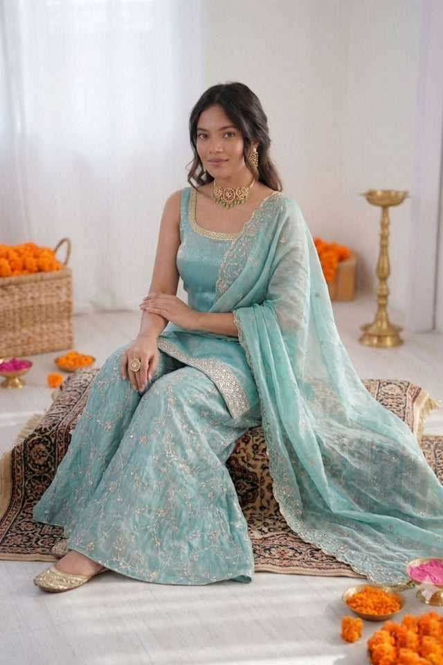 Blue Floral Embroidered Art Silk Palazzo Suit (RT-5995)