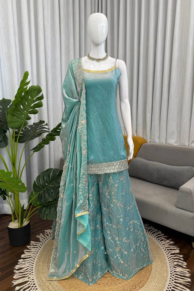 Blue Floral Embroidered Art Silk Palazzo Suit (RT-5995)