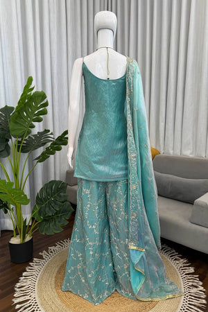Blue Floral Embroidered Art Silk Palazzo Suit (RT-5995)
