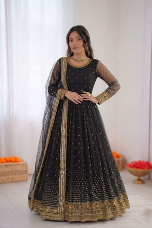 Black Floral Embroidered Net Anarkali Suit (RT-5996)