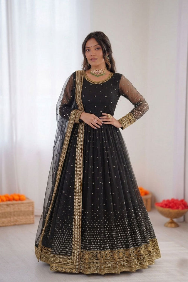 Black Floral Embroidered Net Anarkali Suit (RT-5996)