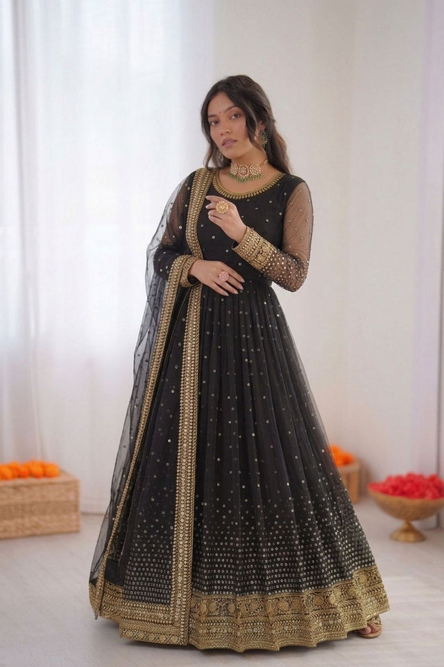 Black Floral Embroidered Net Anarkali Suit (RT-5996)