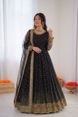 Black Floral Embroidered Net Anarkali Suit (RT-5996)