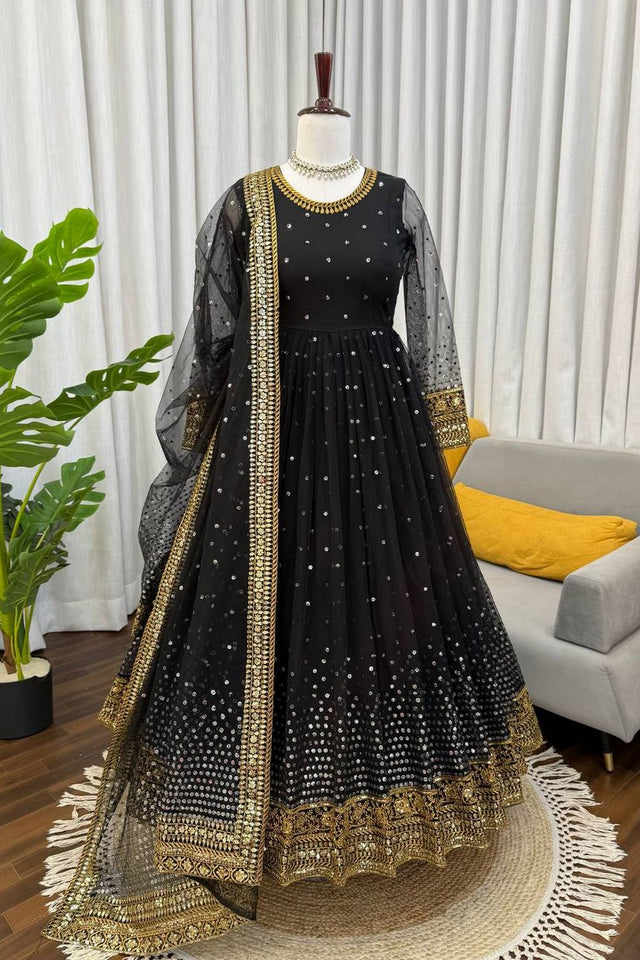 Black Floral Embroidered Net Anarkali Suit (RT-5996)
