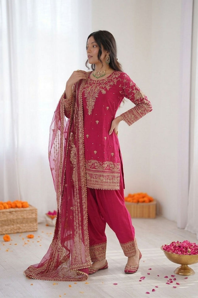 Pink Floral Embroidered Crepe Patiala Suit (RT-5997)