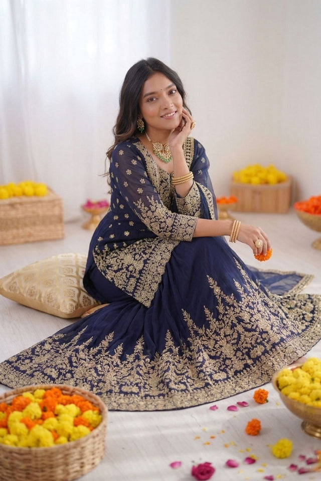 Blue Floral Embroidered Georgette Skirt Set (RT-5998)