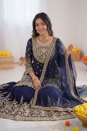 Blue Floral Embroidered Georgette Skirt Set (RT-5998)