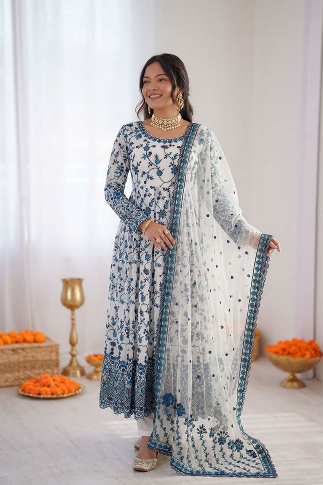 Off White Floral Printed Georgette Anarkali Suit (RT-6001)