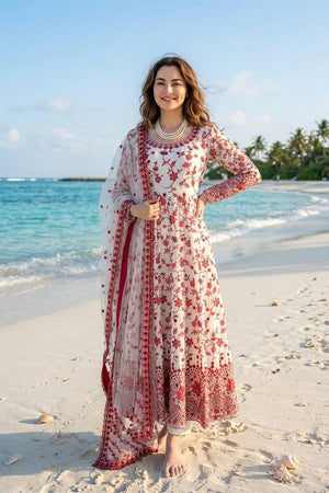 Off White Floral Printed Georgette Anarkali Suit (RT-6001-off white)