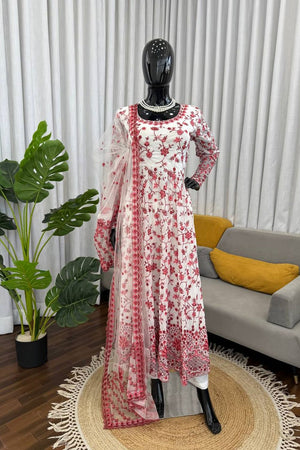 Off White Floral Printed Georgette Anarkali Suit (RT-6001-off white)