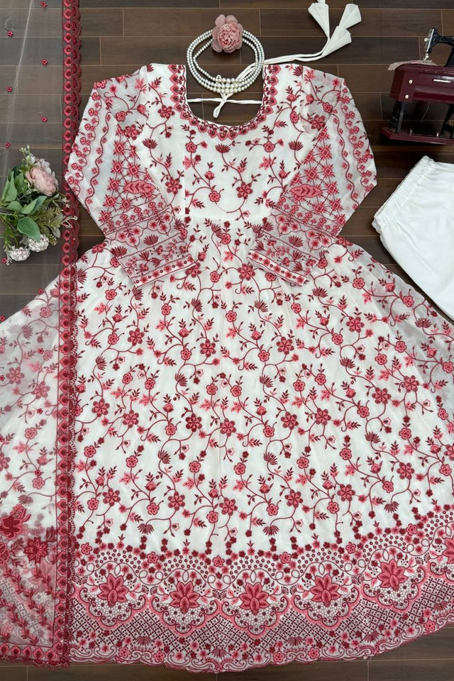 Off White Floral Printed Georgette Anarkali Suit (RT-6001-off white)