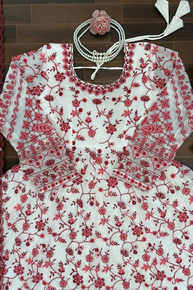 Off White Floral Printed Georgette Anarkali Suit (RT-6001-off white)