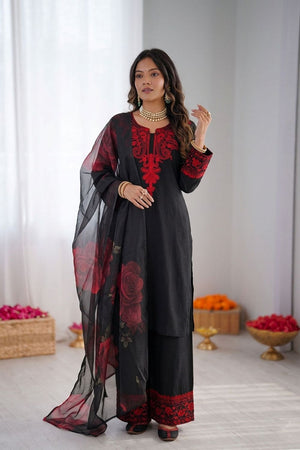 Black Floral Printed with Embroidered Rayon Palazzo Suit (RT-6002)