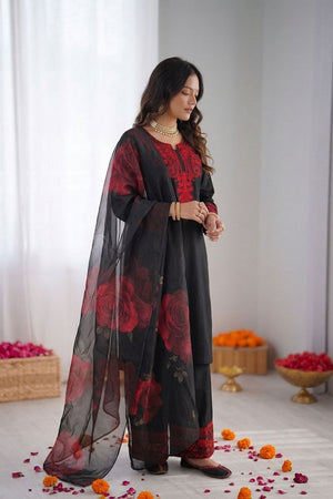 Black Floral Printed with Embroidered Rayon Palazzo Suit (RT-6002)