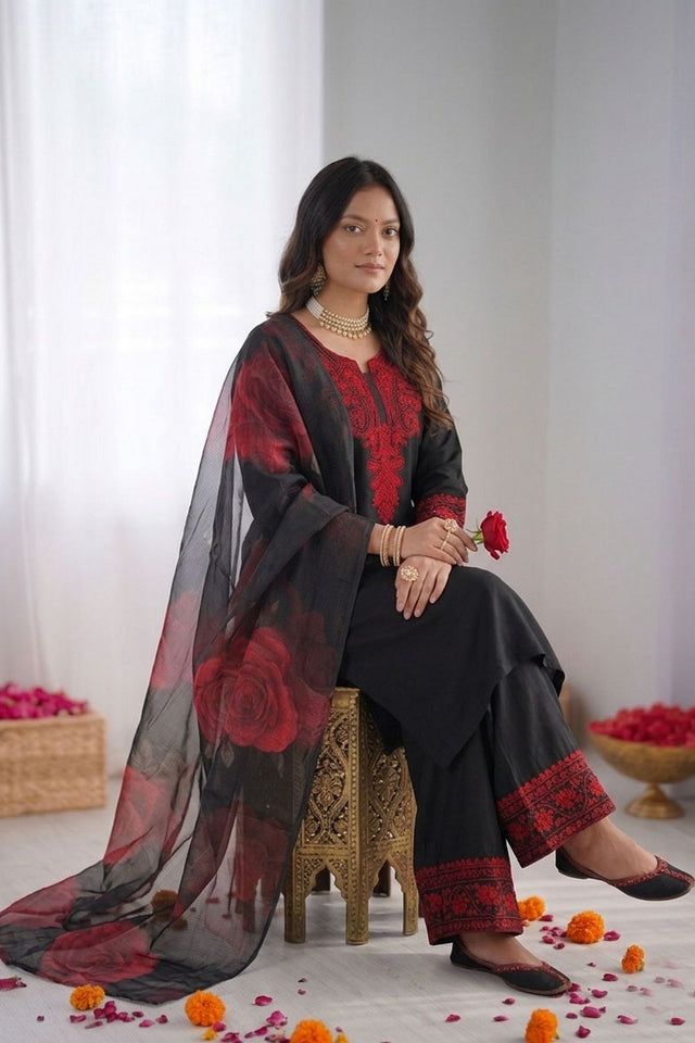 Black Floral Printed with Embroidered Rayon Palazzo Suit (RT-6002)