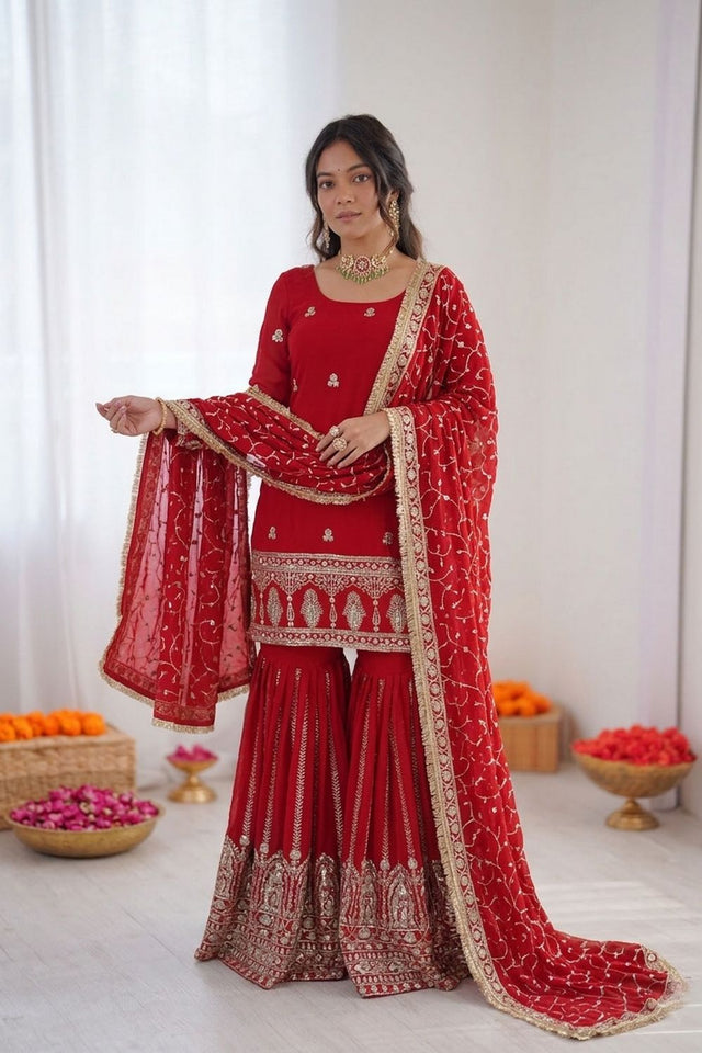 Red Embroidered Chiffon Sharara Suit (RT-6003)