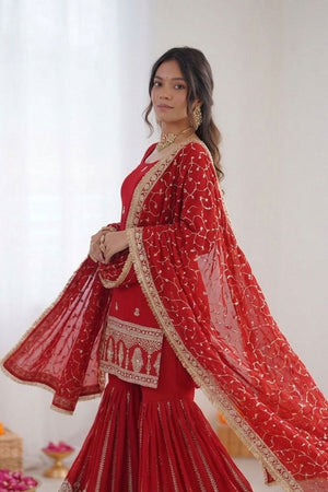 Red Embroidered Chiffon Sharara Suit (RT-6003)
