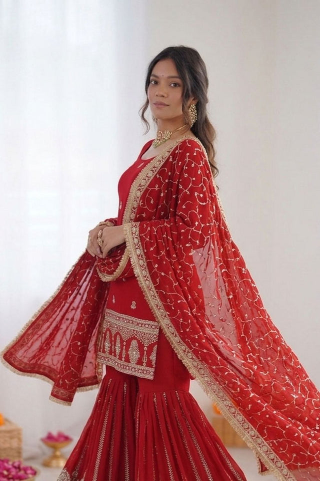 Red Embroidered Chiffon Sharara Suit (RT-6003)