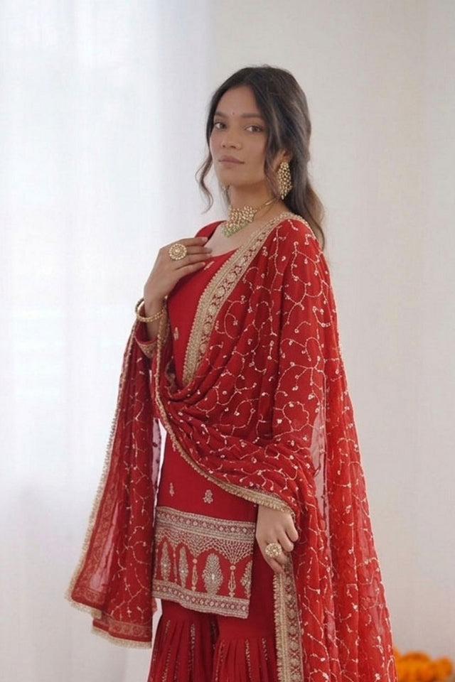 Red Embroidered Chiffon Sharara Suit (RT-6003)